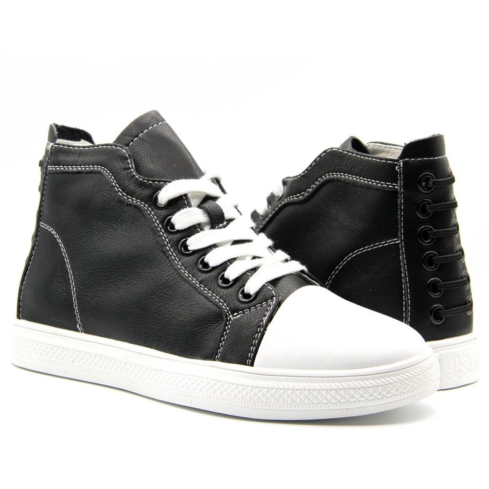 Women Black Colors Genuine Leather High Top Classic Sneakers Lace Up Sho…